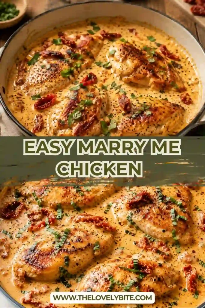 Golden pan-seared chicken breasts coated in a creamy Parmesan sauce with garlic, herbs, and sun-dried tomatoes. Marry Me Chicken is a flavorful one pan chicken recipe perfect for busy weeknights.