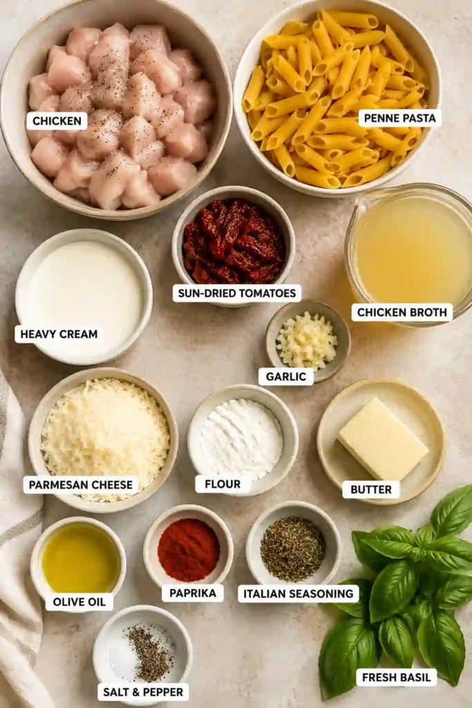 A bowl of creamy Marry Me Chicken Pasta made with tender chicken, penne pasta, parmesan cream sauce, and sun-dried tomatoes. Fresh basil and grated Parmesan complete this comforting dinner.