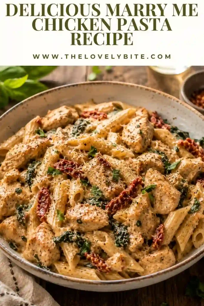 Marry Me Chicken Pasta featuring juicy chicken, penne, creamy garlic parmesan sauce, and Italian herbs. A hearty family dinner with rich flavors.