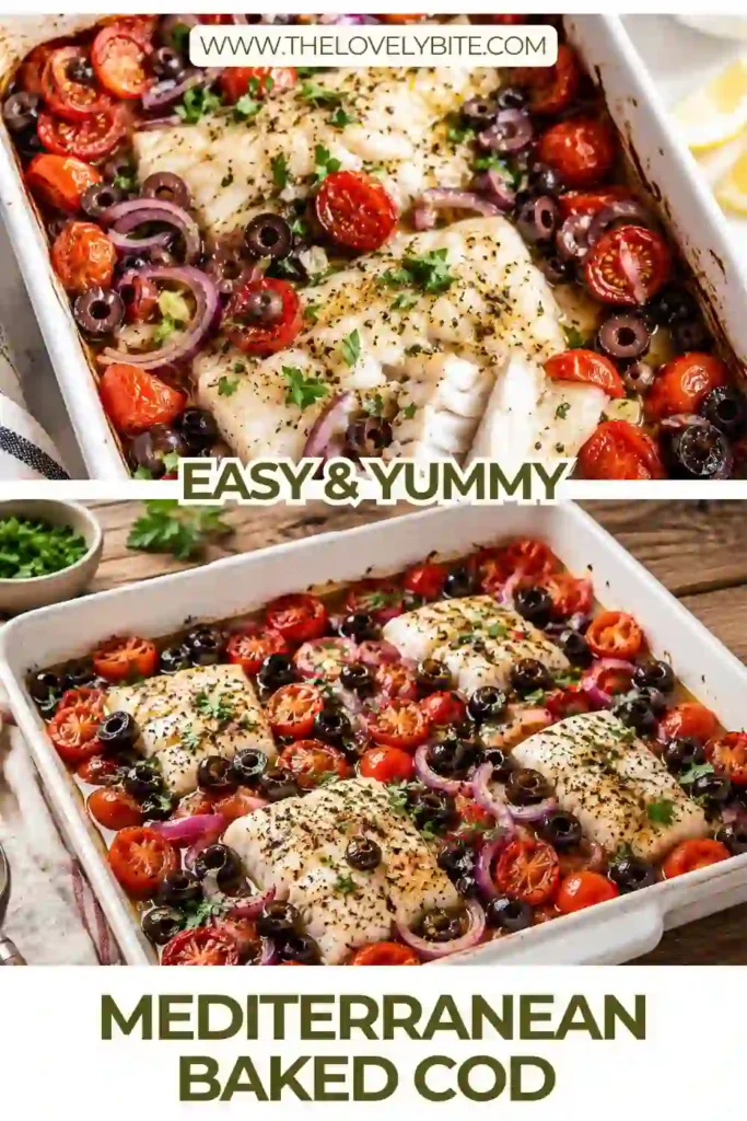 Mediterranean Baked Cod served with roasted cherry tomatoes, black olives, garlic, and herbs in a baking dish. The flaky cod is tender and surrounded by vibrant Mediterranean vegetables.