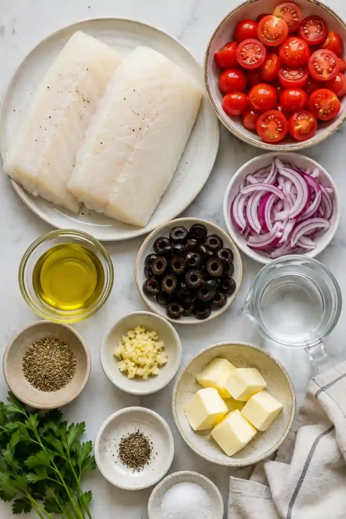 Oven baked cod with tomatoes, garlic, onions, and black olives in a Mediterranean-inspired sauce. A healthy cod dinner that's both simple and delicious.