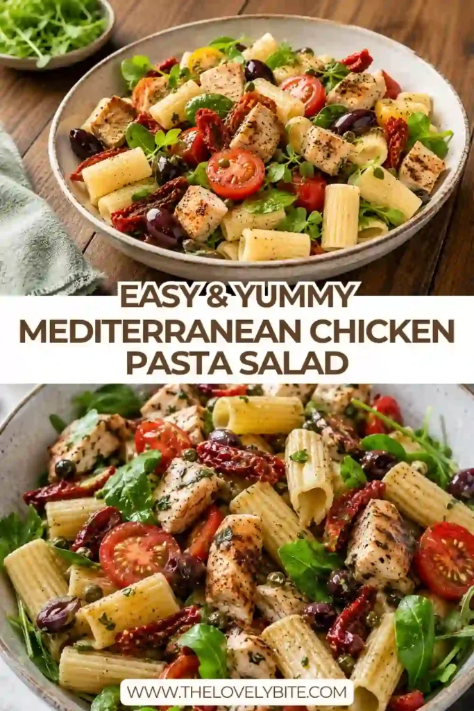 Healthy Mediterranean Chicken Pasta Salad featuring juicy chicken, fresh vegetables, and perfectly cooked pasta served in a large bowl for lunch or dinner.
