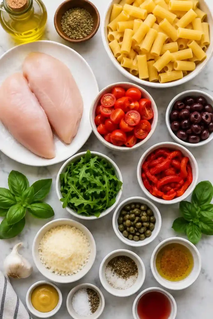 A bowl of Mediterranean Chicken Pasta Salad filled with rigatoni, grilled chicken, cherry tomatoes, basil, olives, roasted red peppers, and Parmesan tossed in a light vinaigrette.