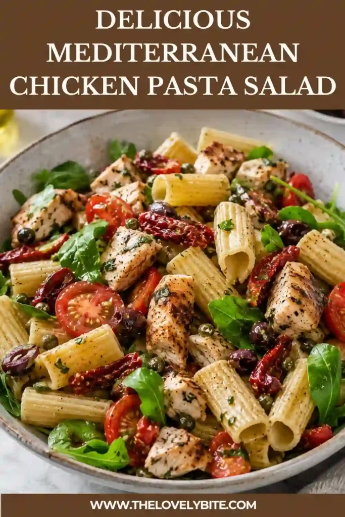 Fresh Chicken Pasta Salad with Mediterranean ingredients including tomatoes, basil, arugula, olives, capers, and homemade vinaigrette.