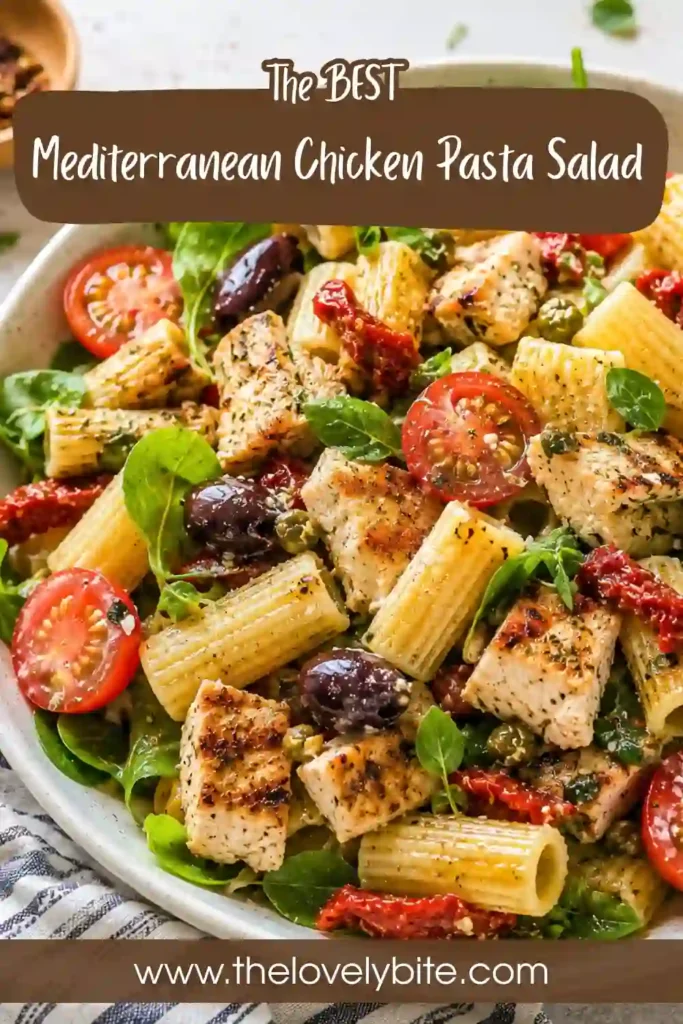 Colorful Mediterranean Chicken Pasta Salad served cold with tender chicken, fresh herbs, Parmesan cheese, and vibrant vegetables.