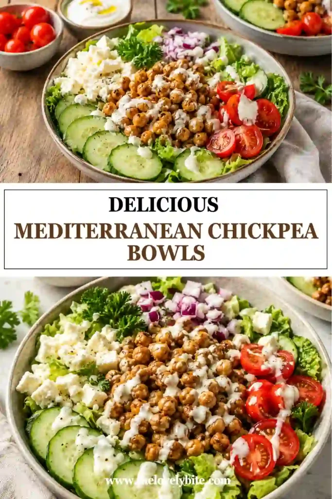 Healthy Mediterranean Chickpea Bowls topped with crispy seasoned chickpeas, fresh vegetables, parsley, feta, and a creamy yogurt sauce. A quick and nutritious vegetarian meal.