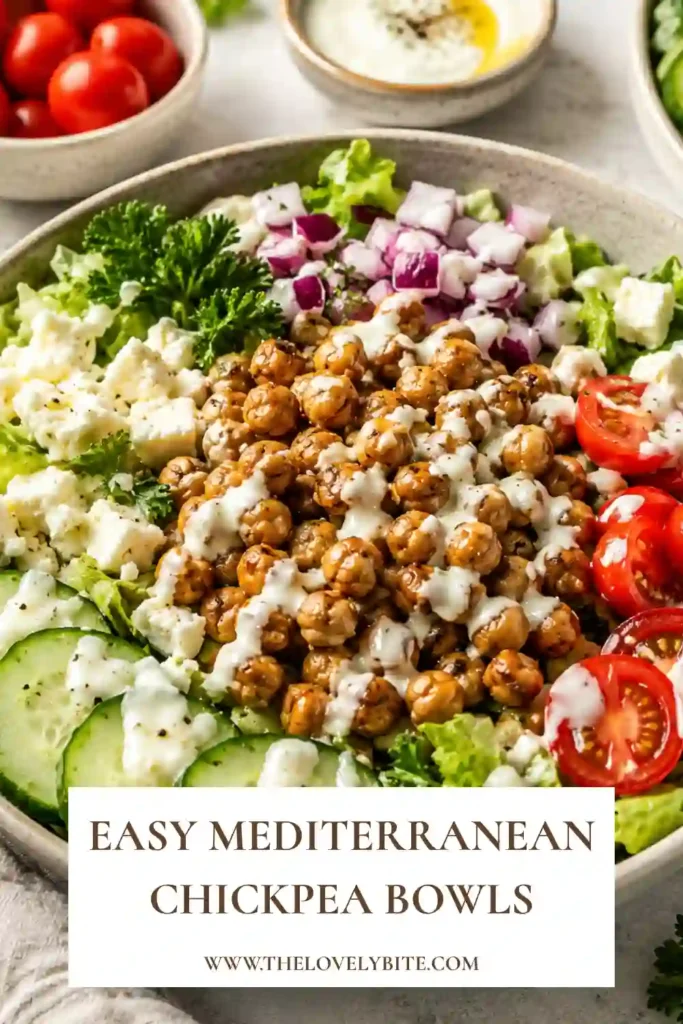 Fresh Mediterranean bowl featuring crispy chickpeas, cucumbers, tomatoes, lettuce, feta cheese, parsley, and Greek yogurt dressing. Perfect for meal prep and healthy eating.