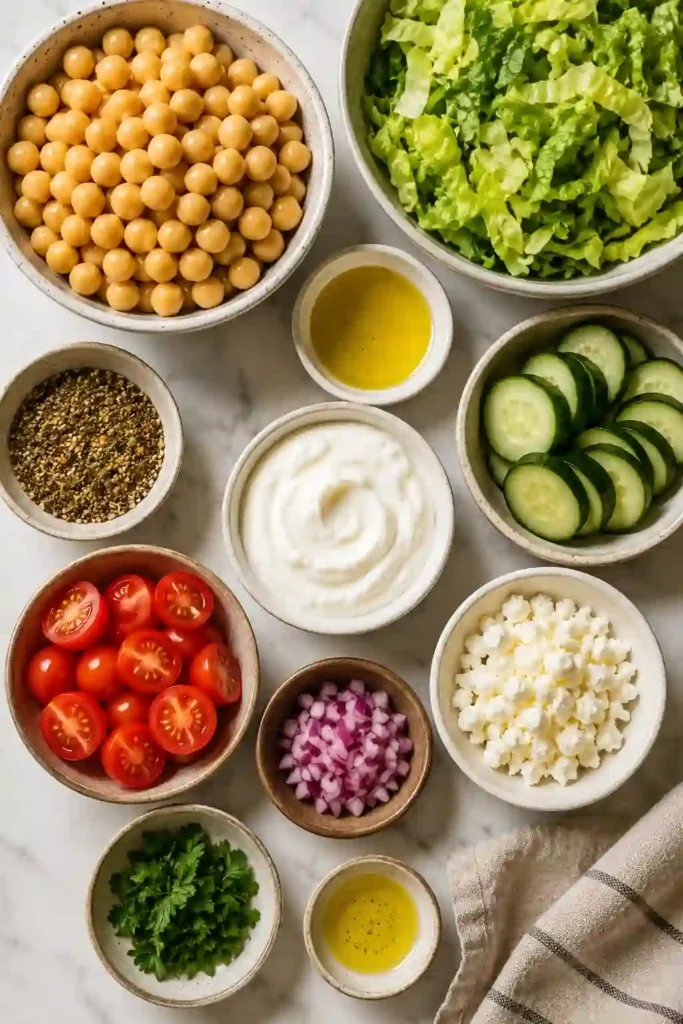 A colorful Mediterranean Chickpea Bowl filled with crispy za'atar chickpeas, fresh lettuce, cucumber, cherry tomatoes, feta cheese, and creamy Greek yogurt dressing. This healthy vegetarian bowl is perfect for lunch or dinner.
