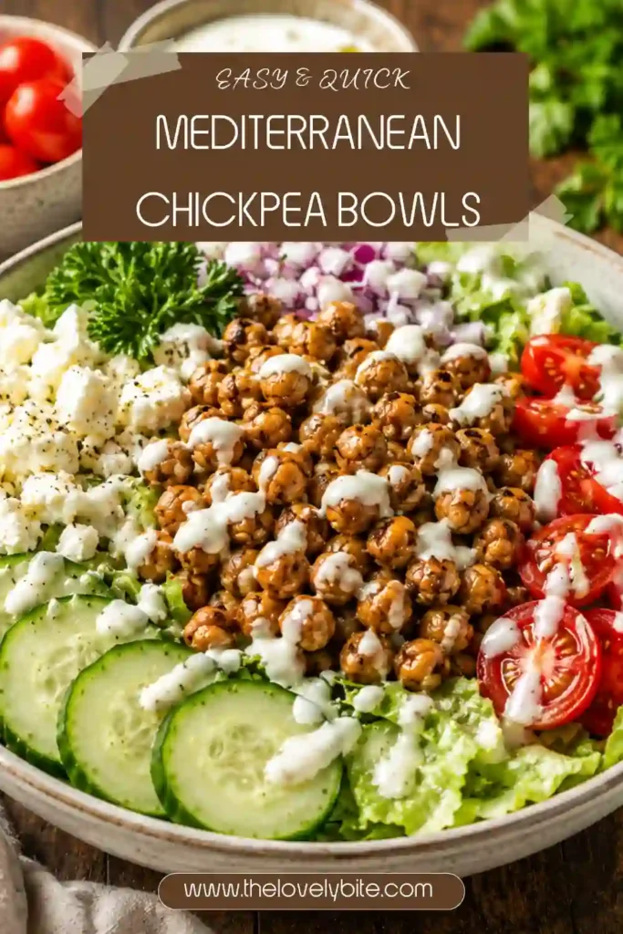 Easy Mediterranean Chickpea Bowl served with crunchy vegetables, creamy yogurt dressing, za'atar chickpeas, and feta cheese. A wholesome vegetarian recipe ready in 20 minutes.