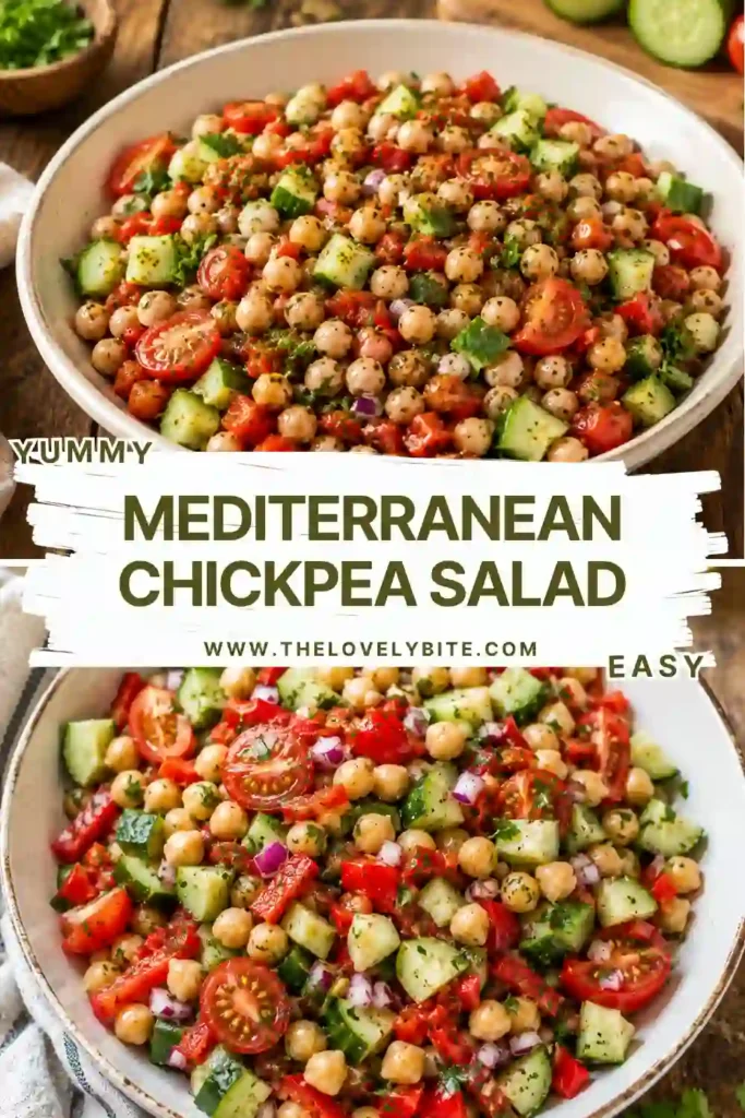 A bowl of Mediterranean Chickpea Salad featuring chickpeas, cucumber, tomatoes, roasted peppers, avocado, parsley, and mint tossed in a homemade lemon Dijon dressing. The salad looks fresh, colorful, and perfect for a healthy meal.