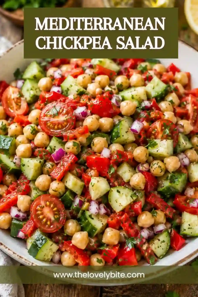 Fresh Mediterranean Chickpea Salad with vibrant vegetables, creamy avocado, herbs, and protein-rich chickpeas served in a rustic bowl. This healthy Mediterranean salad is ideal for lunch or meal prep.