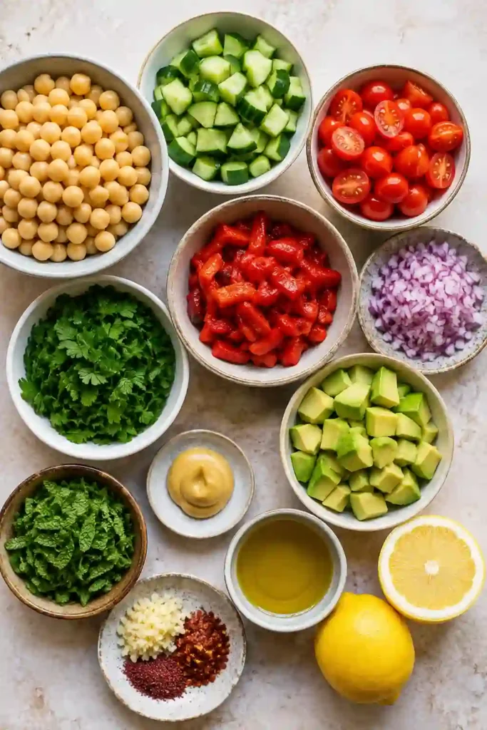 Easy Mediterranean Chickpea Salad served with fresh herbs and homemade Dijon lemon dressing. This vibrant salad offers a nutritious combination of vegetables and plant-based protein.