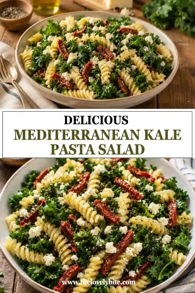 A bowl of Mediterranean Kale Pasta Salad filled with rotini pasta, fresh kale, feta cheese, Parmesan, and chopped sun-dried tomatoes tossed in a homemade pesto vinaigrette. The colorful ingredients create a healthy Mediterranean-inspired pasta salad.