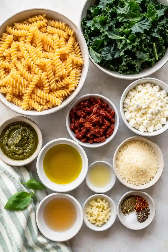 A refreshing Mediterranean Kale Pasta Salad topped with feta cheese and sun-dried tomatoes in a light basil pesto dressing. Perfect as a healthy lunch, picnic side dish, or make-ahead dinner.