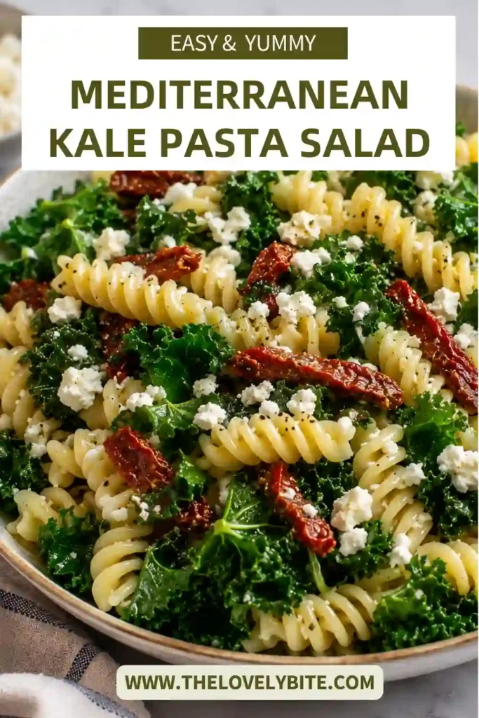 Fresh Mediterranean Kale Pasta Salad served in a large bowl with tender rotini, massaged kale, creamy feta, and bright sun-dried tomatoes. This easy pasta salad is ideal for meal prep and summer entertaining.