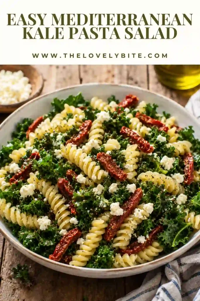 Healthy Mediterranean pasta salad featuring rotini pasta, kale ribbons, Parmesan cheese, feta crumbles, and homemade lemon pesto dressing. Every bite offers fresh, vibrant Mediterranean flavors.
