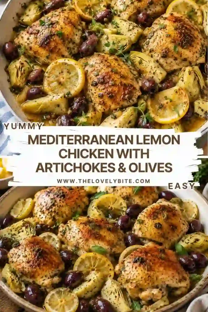 Juicy Mediterranean Lemon Chicken cooked with artichokes and olives in a rich lemon herb sauce. This one-pan chicken recipe is fresh, colorful, and perfect for a healthy dinner.