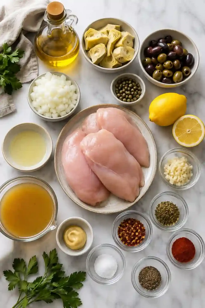 Mediterranean Lemon Chicken served in a skillet with tender artichokes, Kalamata olives, fresh parsley, and lemon slices. The chicken is golden and surrounded by a bright, flavorful citrus sauce.