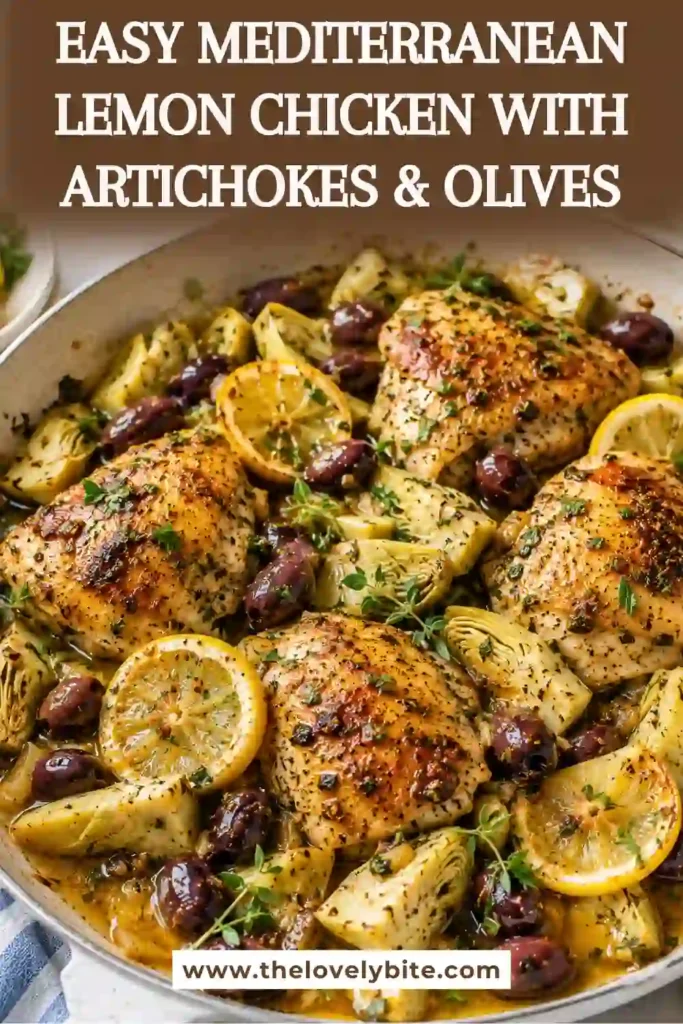 Golden chicken breasts simmered in a Mediterranean lemon sauce with olives, capers, and artichoke hearts. Fresh parsley adds a vibrant finishing touch.