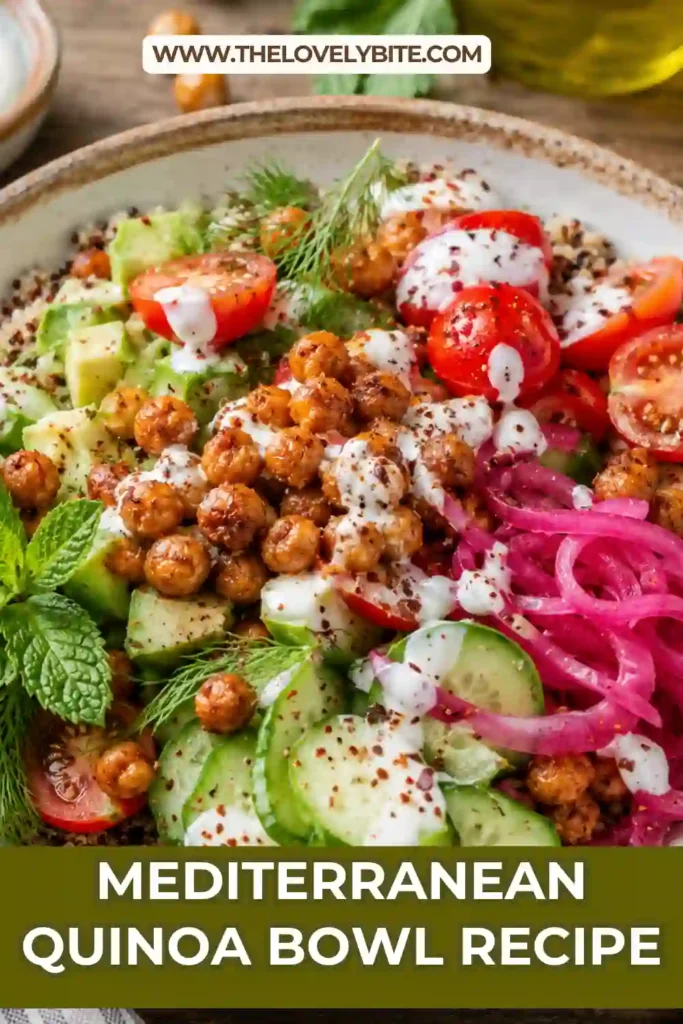 Close-up of a Mediterranean Quinoa Bowl featuring roasted chickpeas, fluffy quinoa, creamy avocado, cucumbers, tomatoes, pickled onions, and herbs. Finished with a drizzle of garlic yogurt sauce.