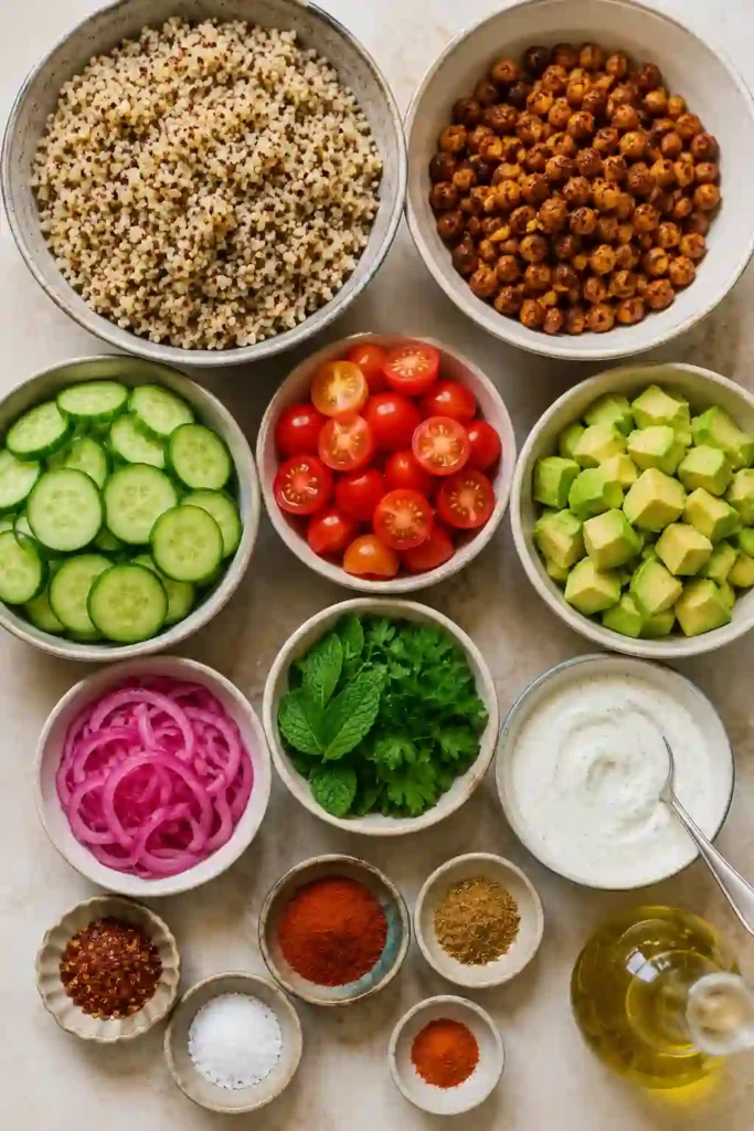 Homemade Mediterranean Quinoa Bowl served with quinoa, crispy chickpeas, avocado, cucumbers, cherry tomatoes, fresh herbs, and garlic yogurt sauce in a rustic bowl. Every ingredient is fresh and vibrant.