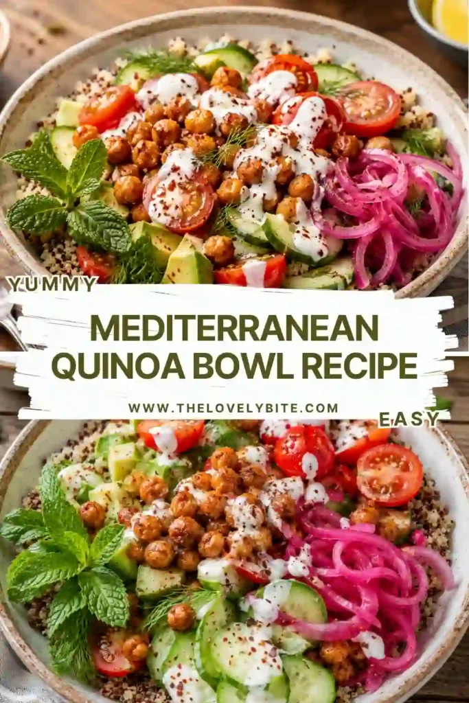 A healthy quinoa bowl topped with crispy chickpeas, cherry tomatoes, cucumbers, avocado, fresh parsley, mint, and creamy garlic yogurt dressing. Bright vegetables make this Mediterranean-inspired meal visually appealing.
