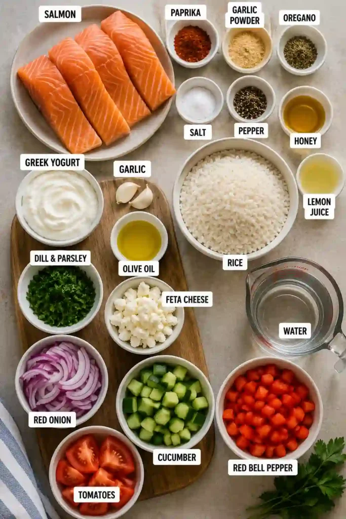 A colorful bowl of Mediterranean Salmon Bowls featuring seasoned salmon, fluffy rice, fresh cucumber, tomatoes, feta cheese, and creamy garlic yogurt sauce. This healthy salmon bowl is fresh, vibrant, and perfect for meal prep.