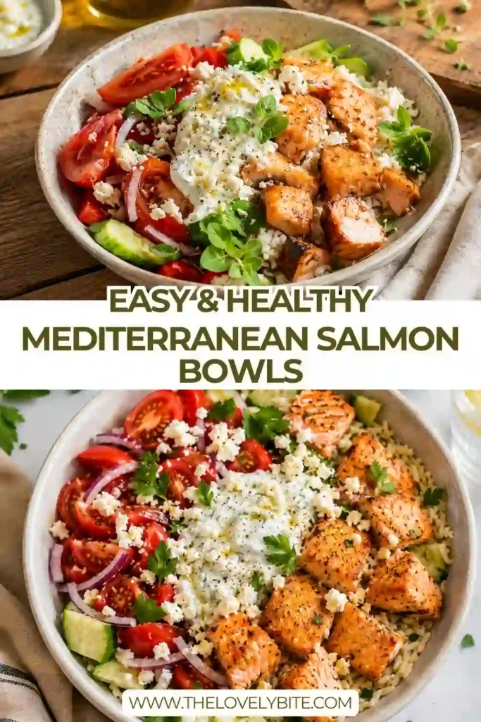 Mediterranean Salmon Bowls served with seasoned salmon bites, fresh salad, rice, crumbled feta, and herb yogurt sauce. A wholesome high-protein Mediterranean rice bowl.