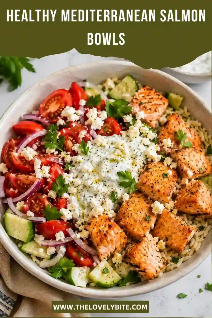 Easy Mediterranean Salmon Bowls topped with broiled salmon, cucumber salad, feta cheese, and garlic yogurt sauce over warm rice. A fresh and satisfying family dinner.