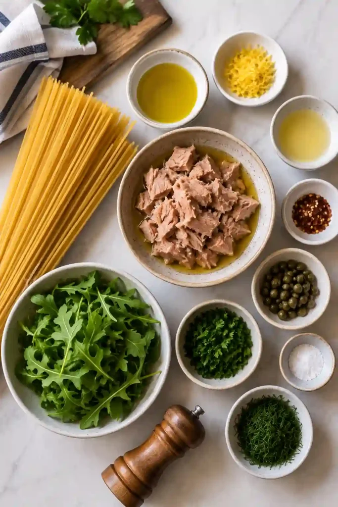A bowl of Mediterranean Tuna Pasta made with spaghetti, flaky albacore tuna, fresh arugula, lemon zest, capers, and parsley. This healthy Mediterranean pasta is light, colorful, and perfect for a quick family dinner.