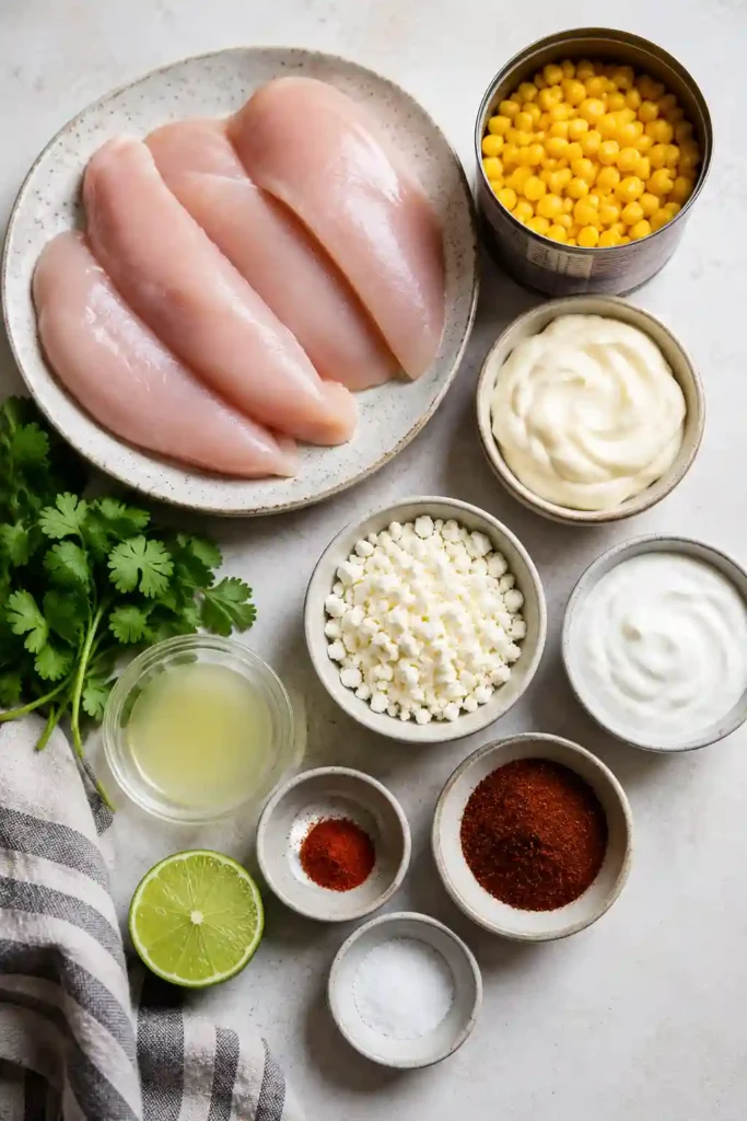 Close-up of Mexican Street Corn Chicken served with cilantro and creamy corn topping. A delicious baked chicken recipe inspired by traditional elote flavors.