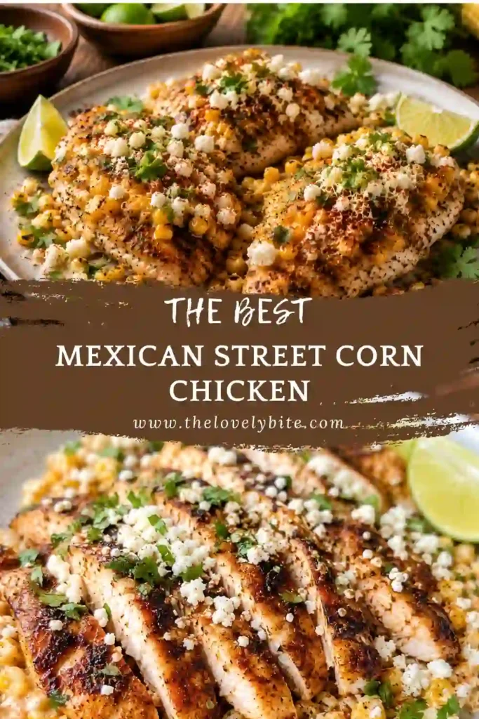 Mexican Street Corn Chicken plated with rice and garnished with queso fresco and fresh cilantro. An easy family dinner packed with creamy, savory flavor.