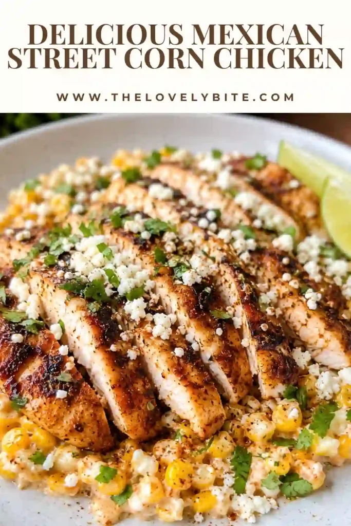 Freshly baked Mexican Street Corn Chicken topped with creamy sweet corn, queso fresco, and chopped cilantro. This easy baked chicken breast recipe is colorful, hearty, and perfect for family dinners.