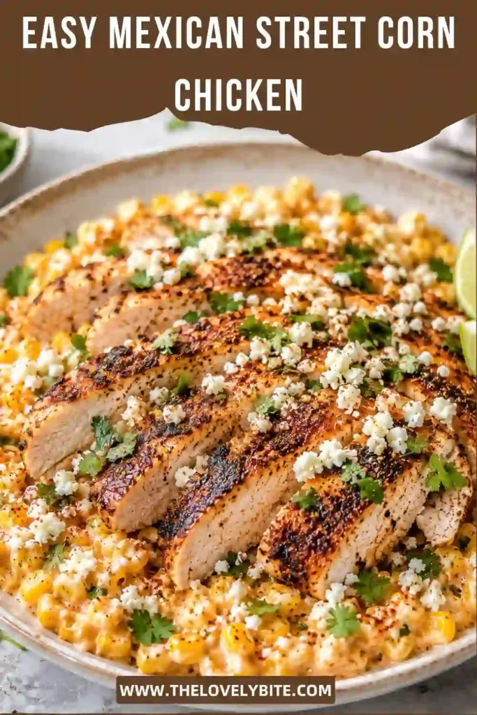 A casserole dish filled with juicy Mexican Street Corn Chicken baked with creamy corn topping and finished with queso fresco. Perfect for an easy one pan chicken dinner.