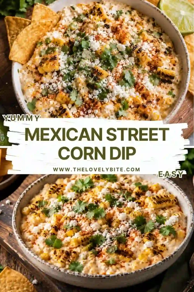 Creamy Mexican Street Corn Dip garnished with fresh cilantro, crumbled cotija cheese, and smoky chili butter. A colorful appetizer inspired by classic elote.