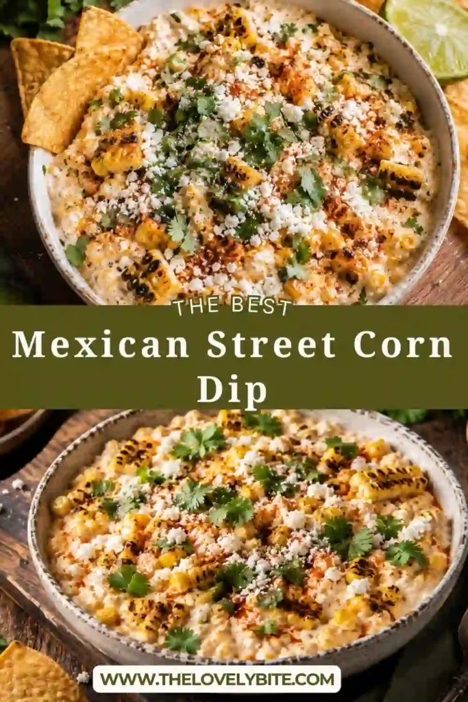 A bowl of Mexican Street Corn Dip topped with grilled corn kernels, cotija cheese, cilantro, spicy butter, and lime crema. Served warm with crispy tortilla chips.