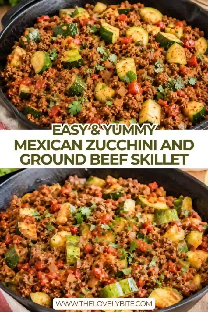 Close-up of a healthy zucchini skillet featuring browned ground beef, fresh zucchini, garlic, and tomatoes with green chilies. A flavorful low carb Mexican skillet ready to serve.