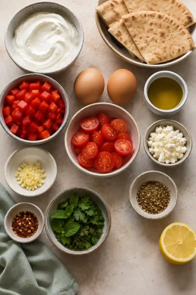 4. A vibrant breakfast bowl with labneh, eggs, tomatoes, peppers, fresh herbs, feta, and warm pita, styled with natural light for food photography.
