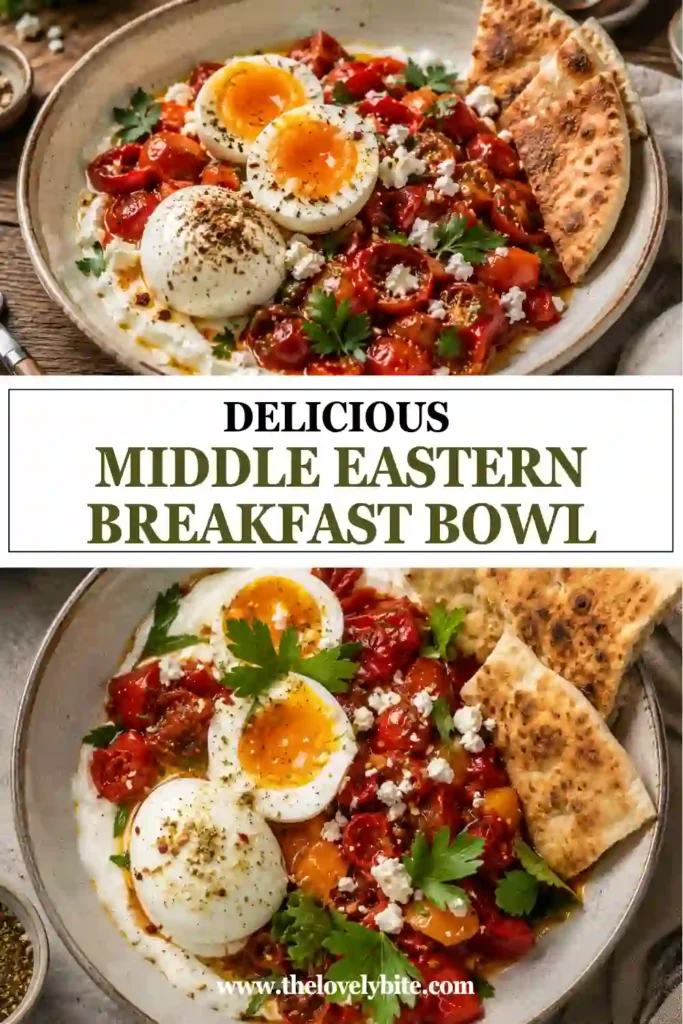 2. A colorful Mediterranean breakfast featuring Greek yogurt, eggs, feta cheese, herbs, tomatoes, and pita bread arranged in a rustic serving bowl.