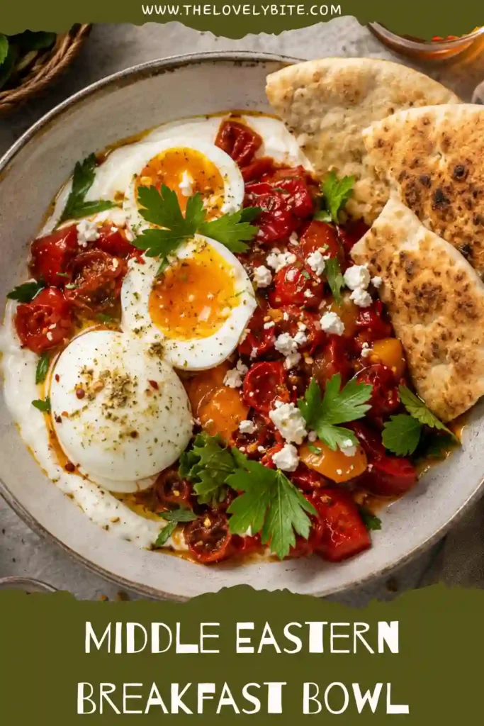 1. A Middle Eastern Breakfast Bowl filled with creamy labneh, soft-boiled eggs, sautéed tomatoes, bell peppers, crumbled feta, fresh herbs, and za'atar, served with warm pita bread in natural lighting.