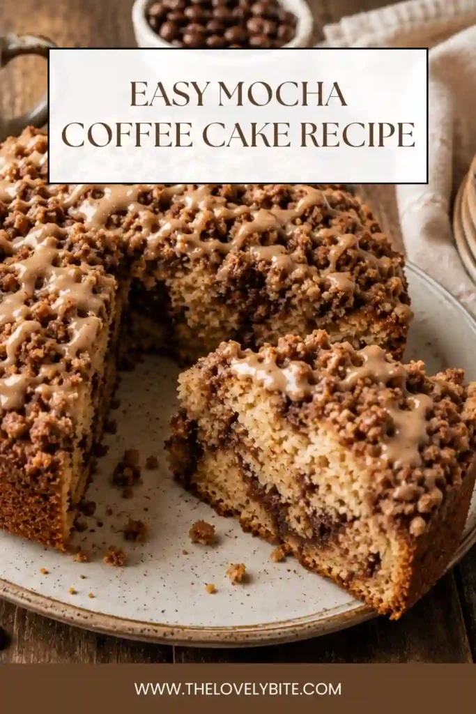 A moist Mocha Coffee Cake topped with chocolate cinnamon streusel and finished with a glossy coffee glaze. Each slice has a tender crumb and rich coffee flavor.