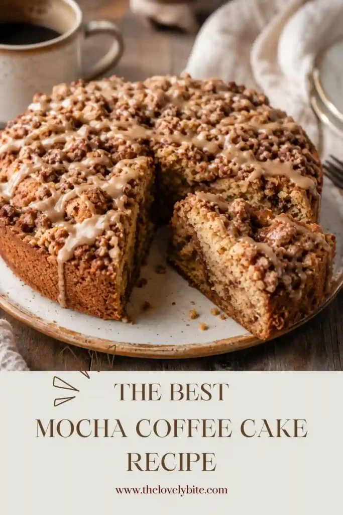 Freshly baked homemade Mocha Coffee Cake served on a plate with buttery cocoa streusel and sweet coffee icing. Perfect for breakfast or brunch.