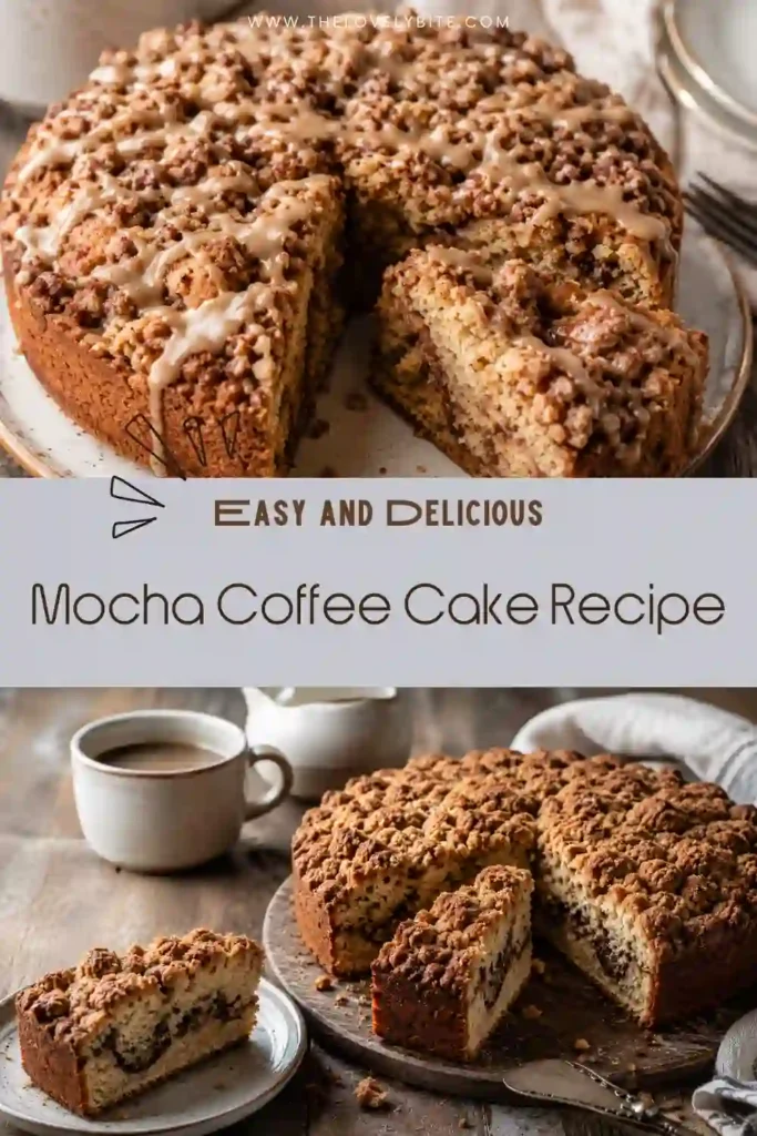 Soft coffee-flavored cake layered with cinnamon cocoa streusel and drizzled with coffee glaze. A delicious homemade dessert for coffee lovers.