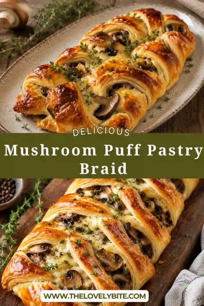 Freshly baked Mushroom Puff Pastry Braid with golden flaky layers filled with sautéed mushrooms and melted Gruyère cheese. The savory pastry is sliced and served warm for brunch or entertaining.