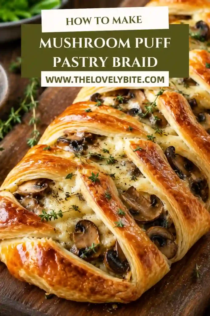 Golden Mushroom Puff Pastry Braid featuring buttery puff pastry wrapped around a rich mushroom and Gruyère filling. Perfect as a savory appetizer or elegant vegetarian meal.