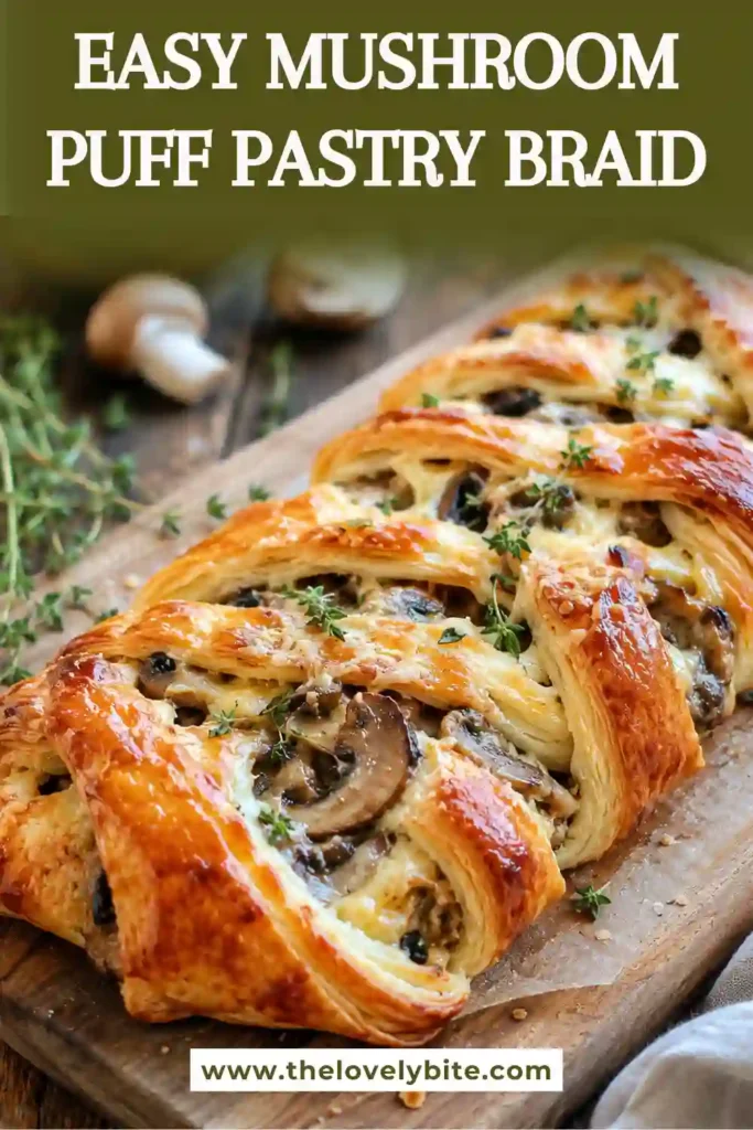 Close-up of flaky Mushroom Puff Pastry Braid with crispy layers, earthy mushrooms, fresh thyme, and melted Gruyère cheese. A comforting homemade savory pastry recipe.