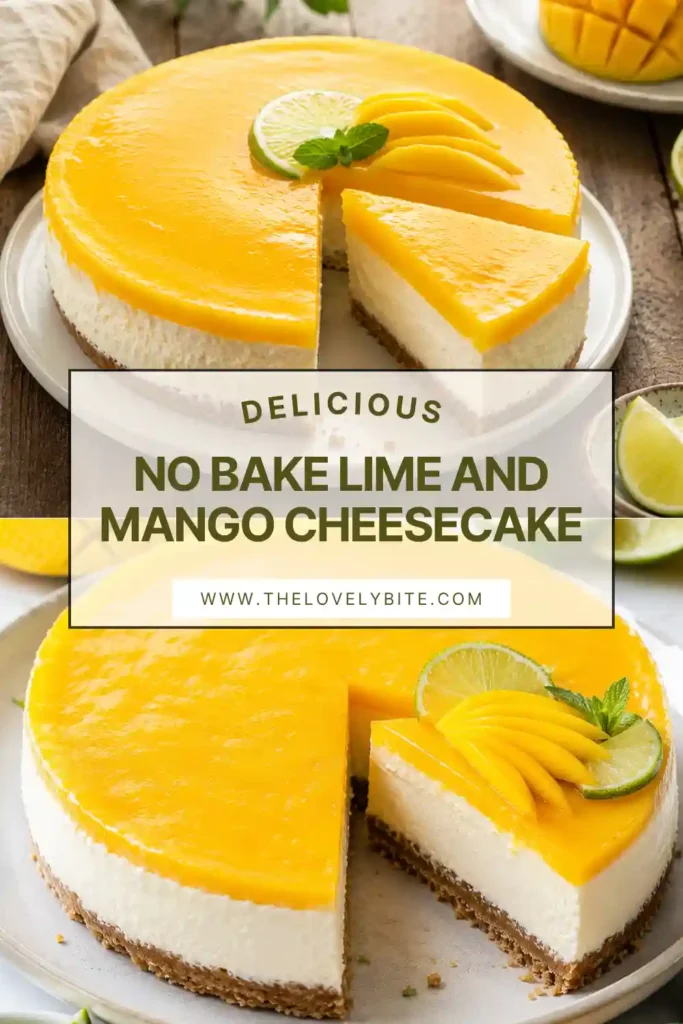 A creamy No Bake Lime and Mango Cheesecake topped with fresh mango slices and thin lime rounds sits on a buttery graham cracker crust. The smooth tropical filling makes it a perfect summer dessert.