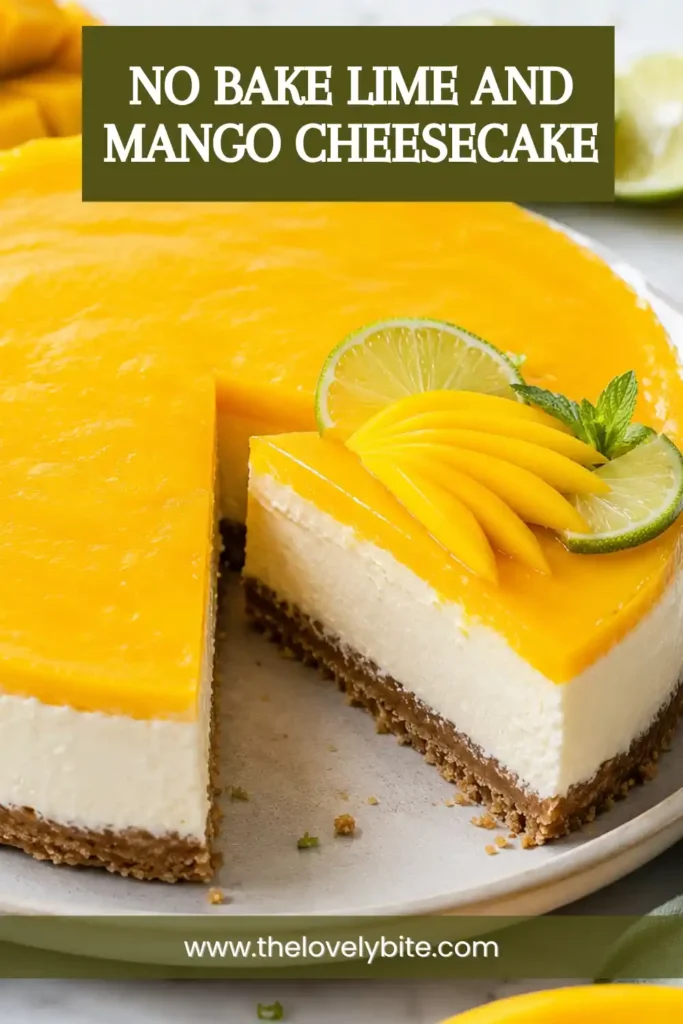 This easy no bake cheesecake showcases layers of creamy mango cheesecake and glossy mango topping over a crunchy almond graham cracker crust. Fresh fruit adds a colorful finish.