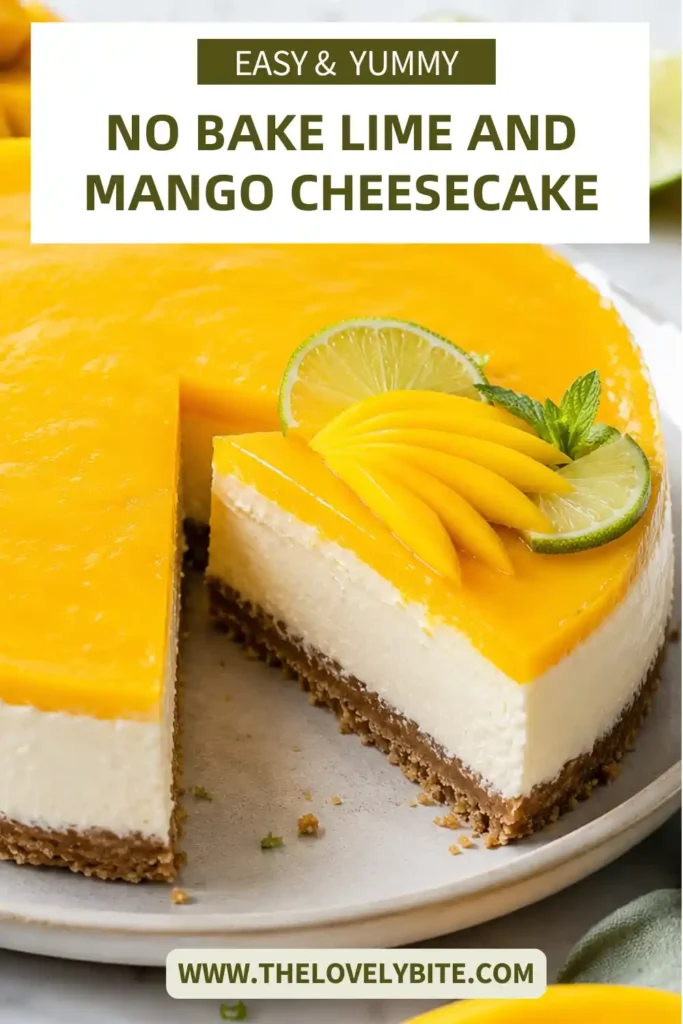 A chilled homemade No Bake Lime and Mango Cheesecake sliced into neat portions and garnished with ripe mango and lime. The creamy texture is perfect for warm days.