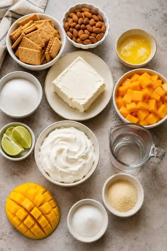 A tropical no bake mango dessert decorated with fresh mango cubes and lime slices on top of a creamy cheesecake filling. The golden fruit contrasts beautifully with the white filling.